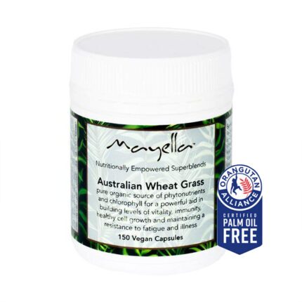 Product image of Mayella Wheatgrass Capsules 150 capsules size with a banner logo of Palm Oil Free Certification. White backgroaund.