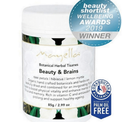 Mayella Beauty & Brains Herbal Tea with palm oil free certification and Beauty Shortlist Awards winner logo